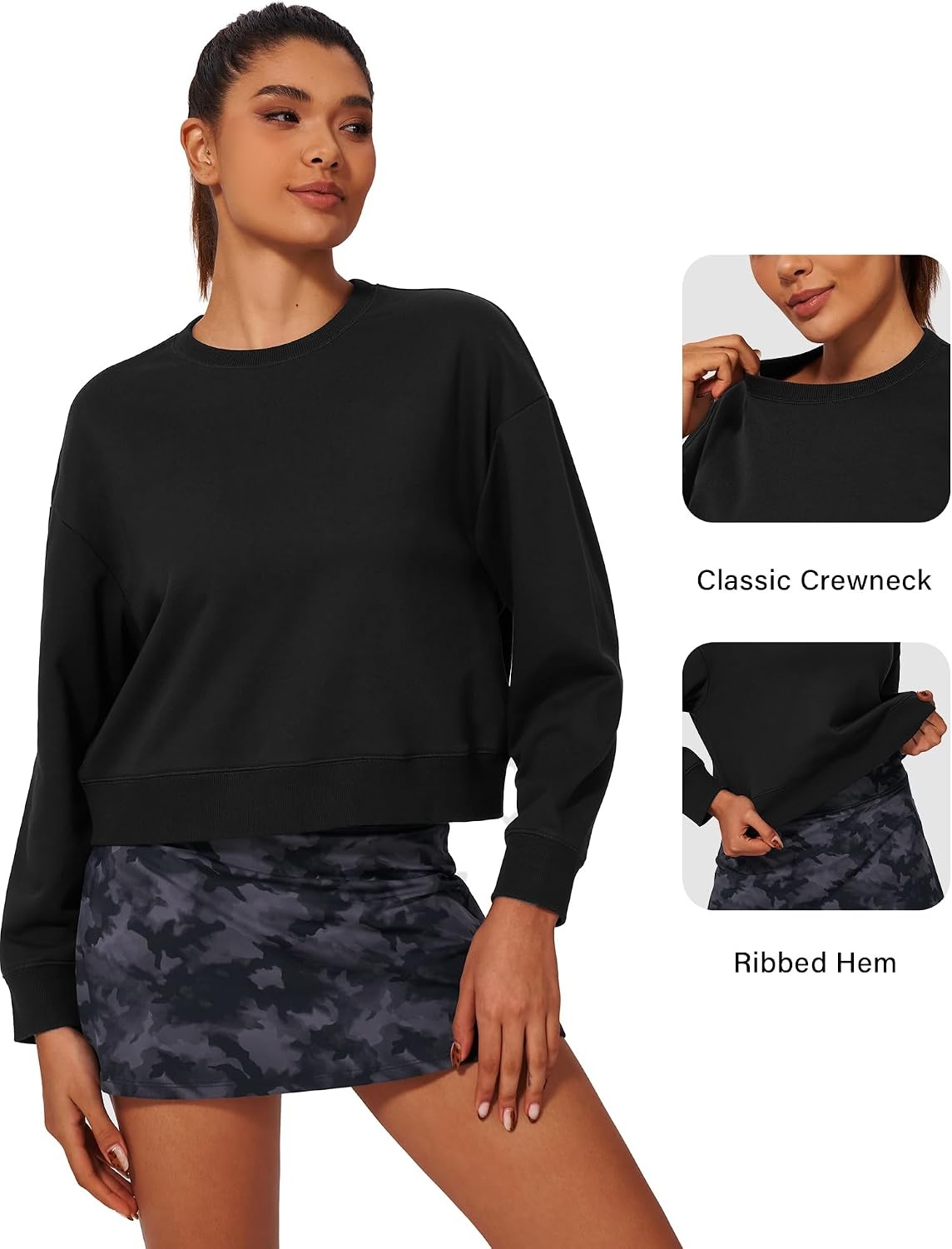 Stelle Cropped Sweatshirts for Women Cotton Long Sleeve Crop Tops Crewneck Pullover Oversized Sweater(Black)