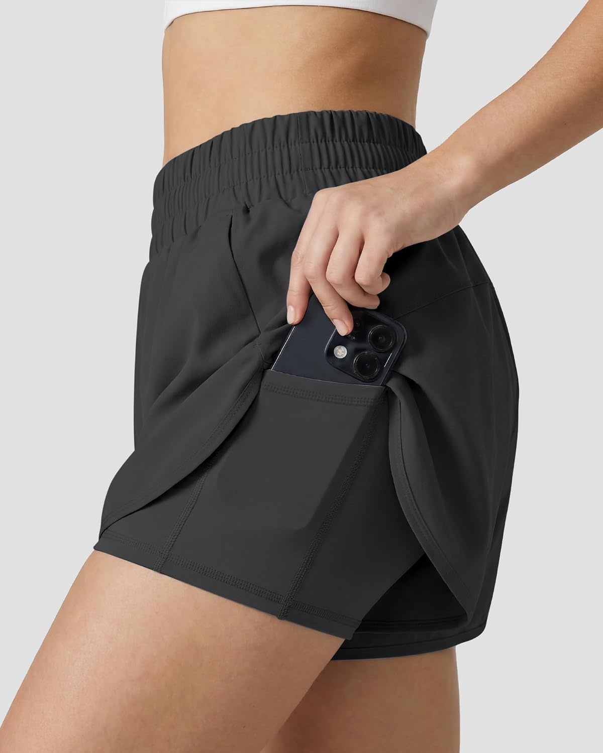 Stelle 2 in 1 Womens Running Shorts High Waisted Athletic Workout Gym Short with Zip Pockets(Grey)