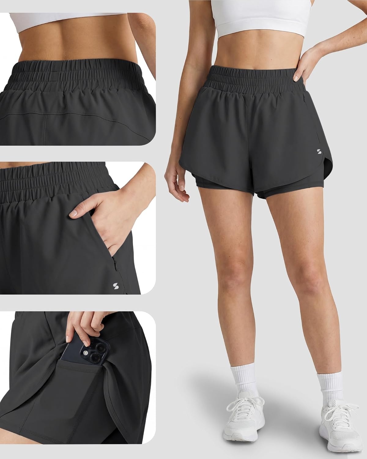 Stelle 2 in 1 Womens Running Shorts High Waisted Athletic Workout Gym Short with Zip Pockets(Grey)
