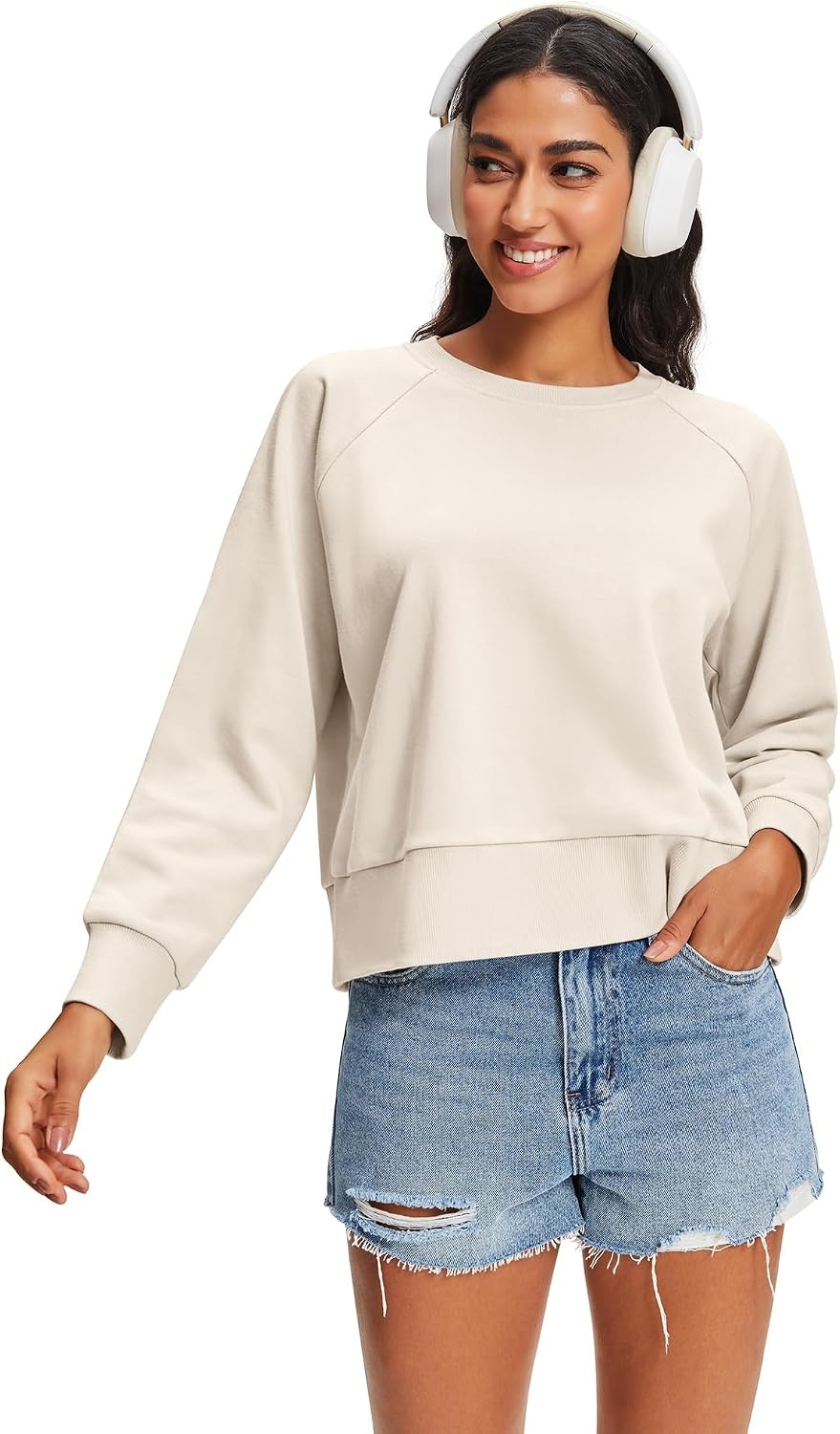 Stelle Women’s Raglan Crewneck Sweatshirt Relaxed Fit Casual Everyday(White Beige)