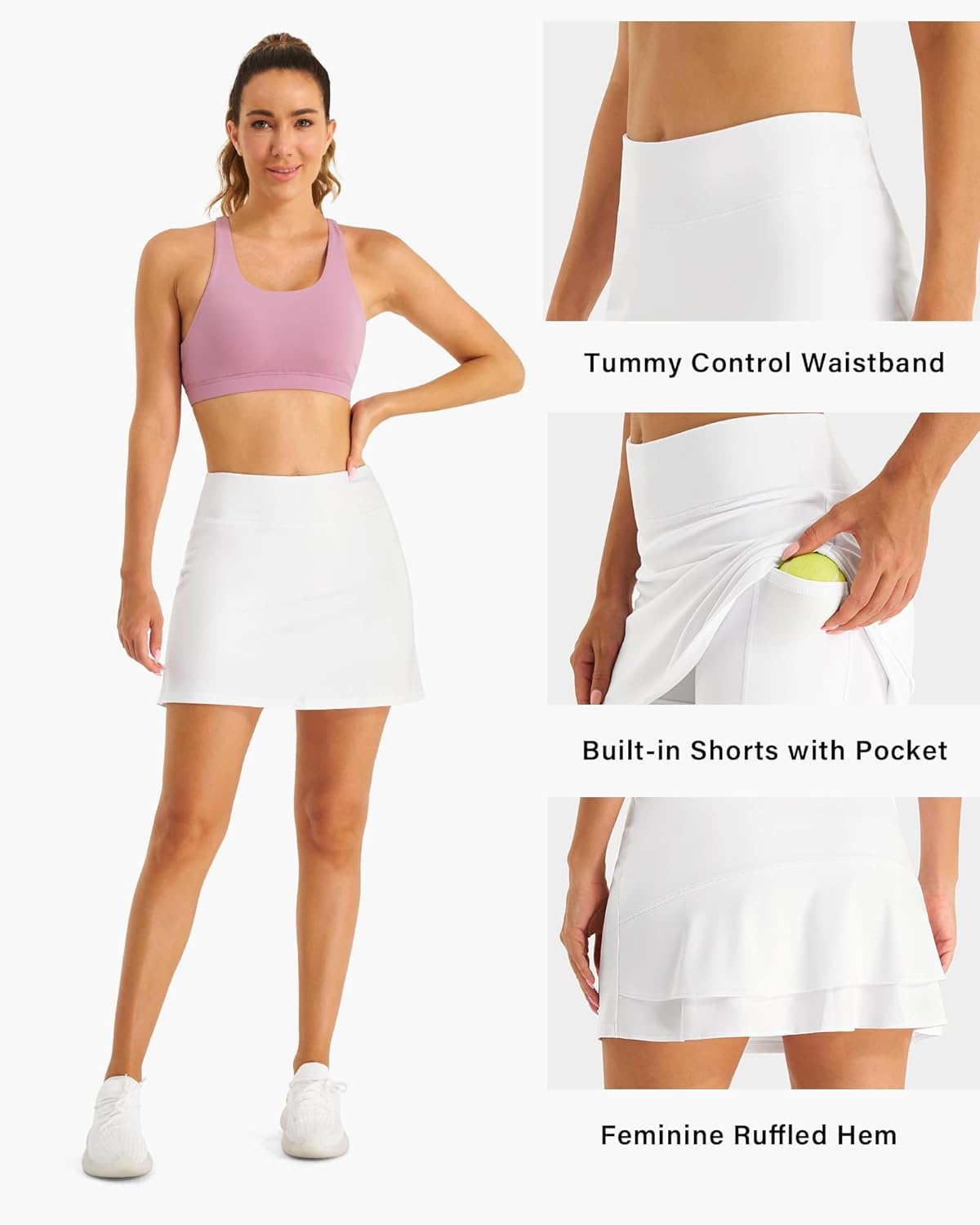 Stelle Women Tennis Skirt Athletic Skort High Waisted Golf Inner Shorts with Pockets Running Sports Pickleball(White)