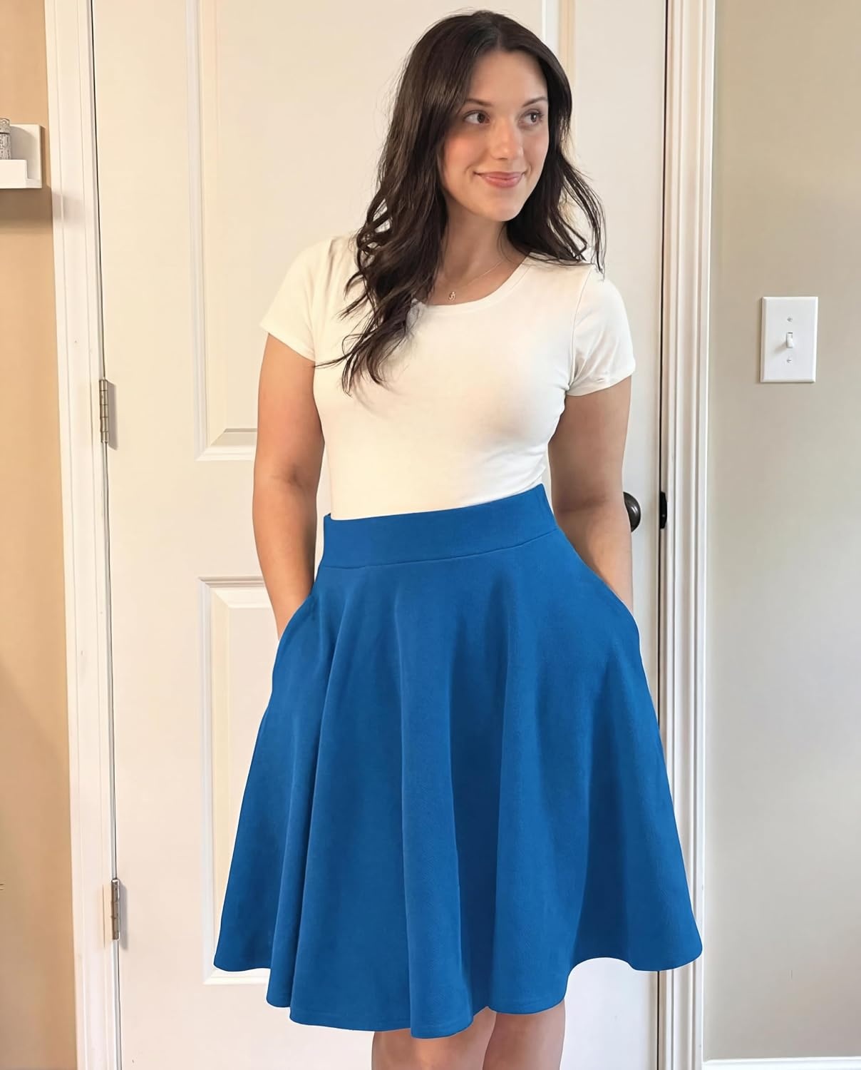 STELLE Women’s 21″ Knee Length Skirts with Pockets Casual Basic Midi Skirt Stretchy High Waisted Skater Flared Pleated(Electric Blue)