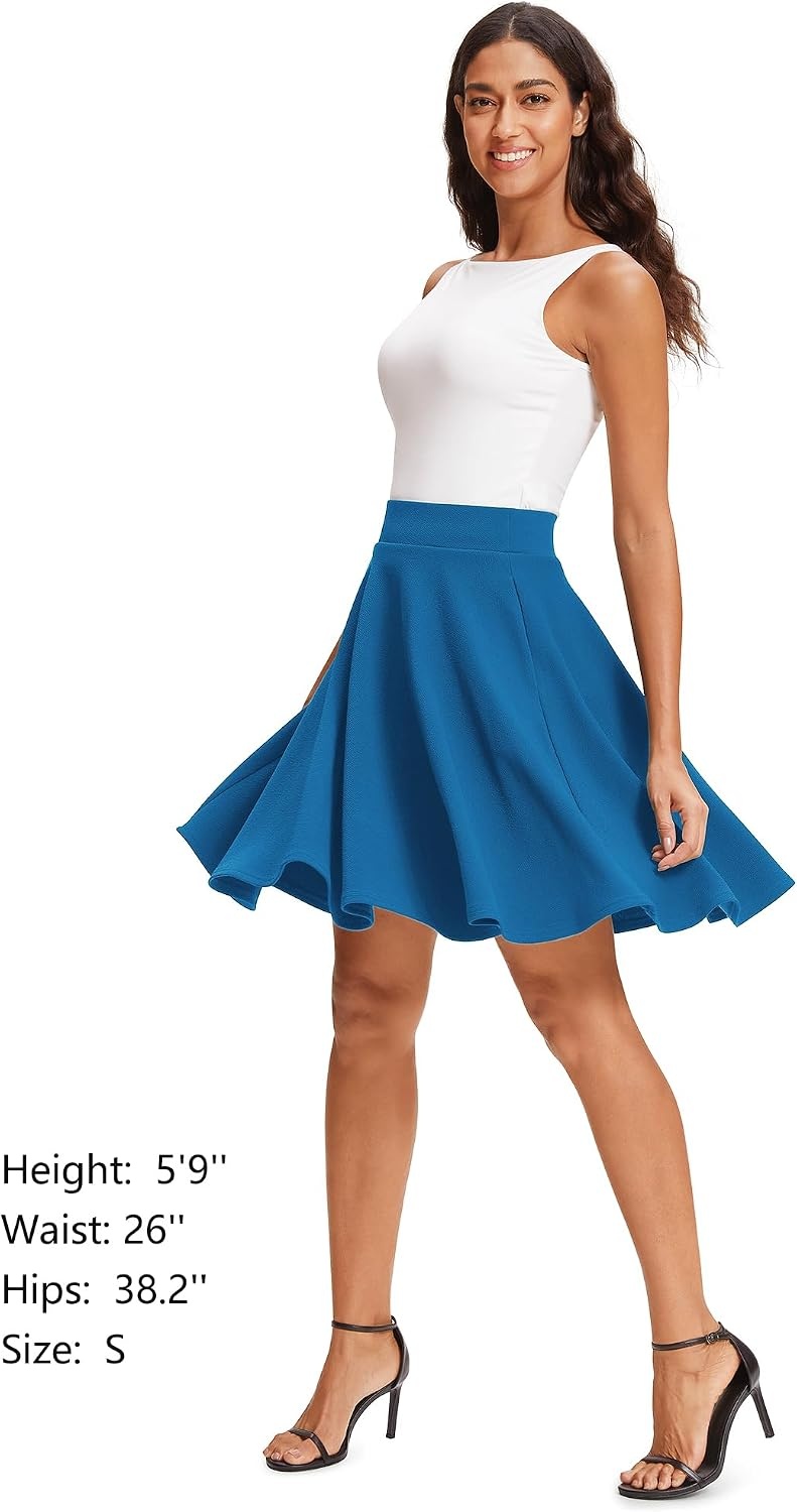 STELLE Women’s 21″ Knee Length Skirts with Pockets Casual Basic Midi Skirt Stretchy High Waisted Skater Flared Pleated(Electric Blue)