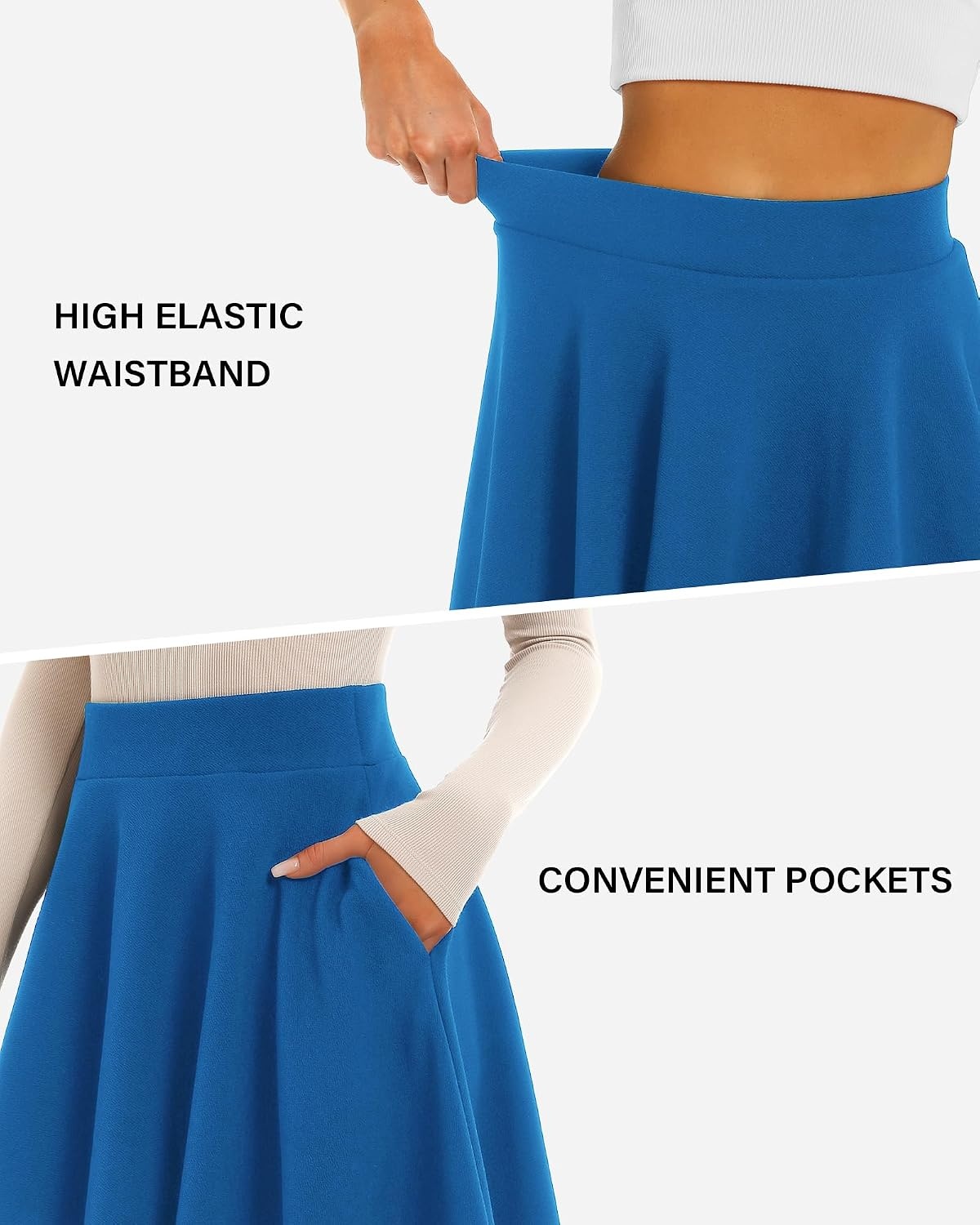 STELLE Women’s 21″ Knee Length Skirts with Pockets Casual Basic Midi Skirt Stretchy High Waisted Skater Flared Pleated(Electric Blue)
