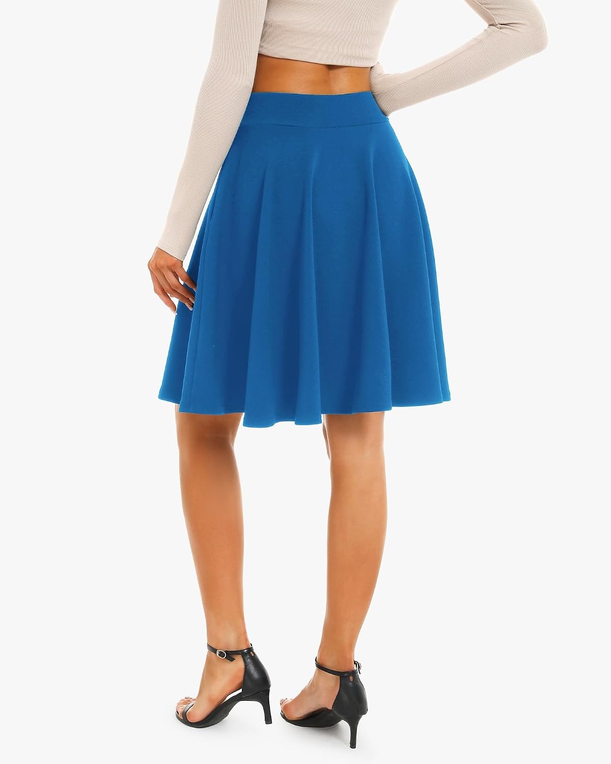 STELLE Women’s 21″ Knee Length Skirts with Pockets Casual Basic Midi Skirt Stretchy High Waisted Skater Flared Pleated(Electric Blue)
