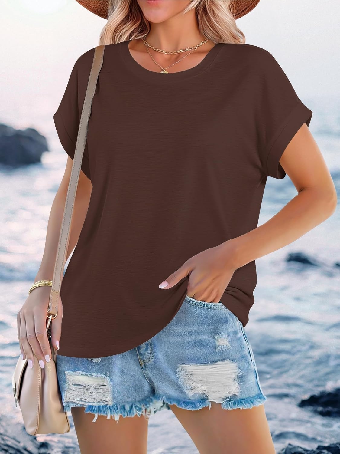Stelle Women Modal Soft Crewneck Cap Short Sleeve T Shirts Summer Tops Trendy Basic Casual Clothes 2025(Cocoa)