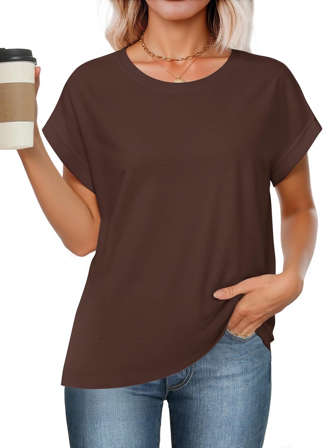 Stelle Women Modal Soft Crewneck Cap Short Sleeve T Shirts Summer Tops Trendy Basic Casual Clothes 2025(Cocoa)