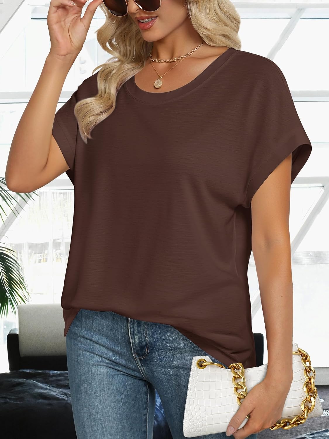 Stelle Women Modal Soft Crewneck Cap Short Sleeve T Shirts Summer Tops Trendy Basic Casual Clothes 2025(Cocoa)