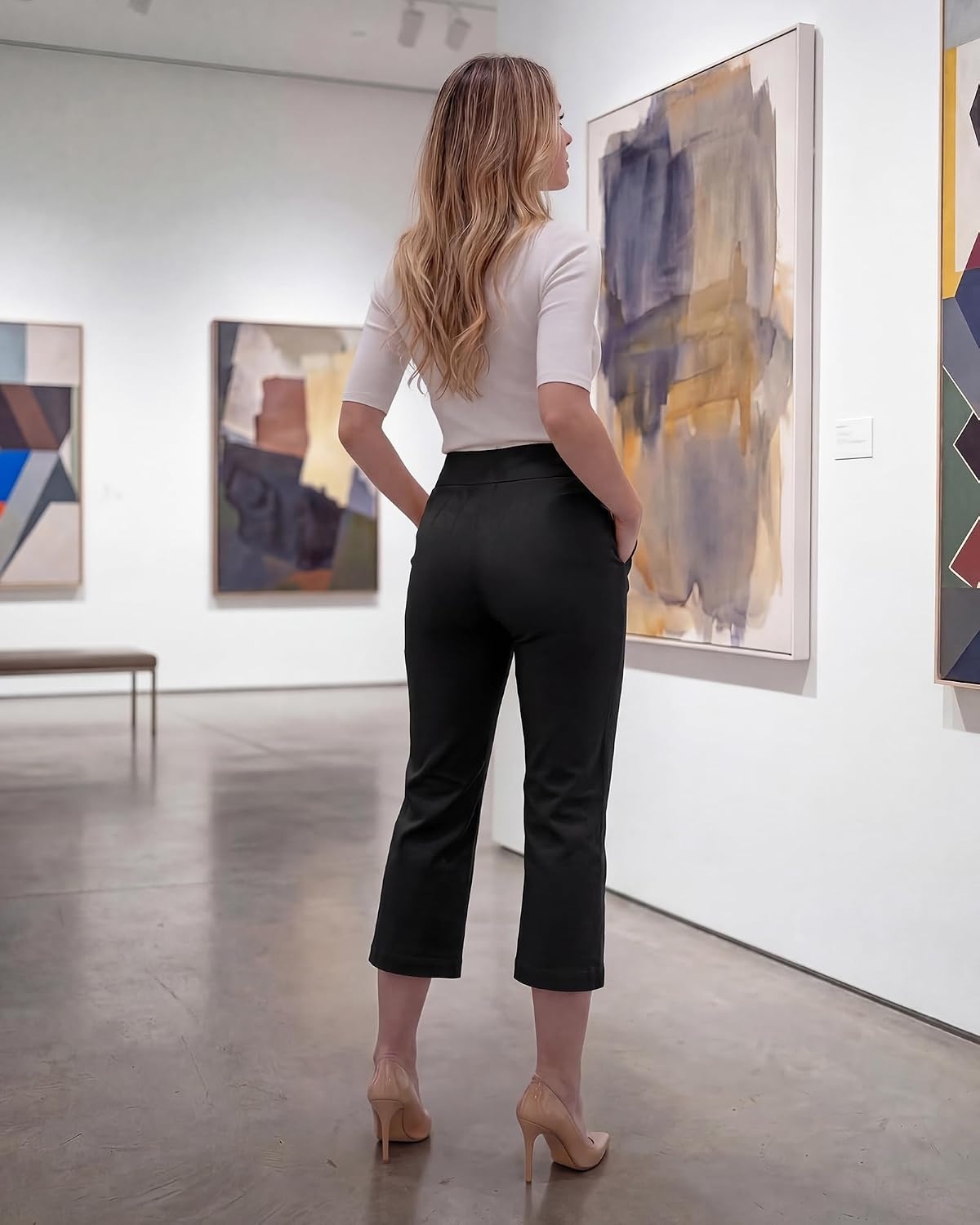 Stelle Women’s Pull On Capri Pants with Pockets Business Work Casual Pants(Black)