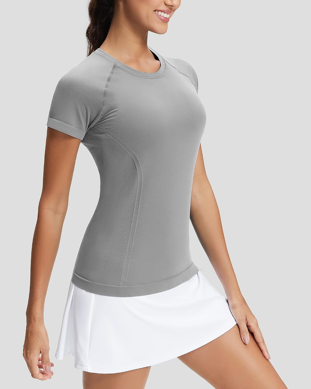 Stelle Womens Workout Tops Short Sleeve Seamless Athletic Shirts Yoga Gym Running T-Shirts(Grey)