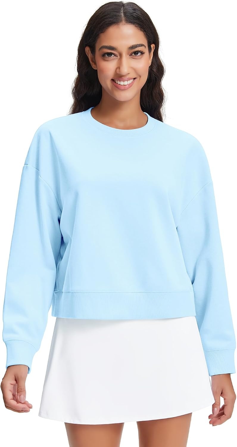 Stelle Cropped Sweatshirts for Women Cotton Long Sleeve Crop Tops Crewneck Pullover Oversized Sweater(Sky Blue)