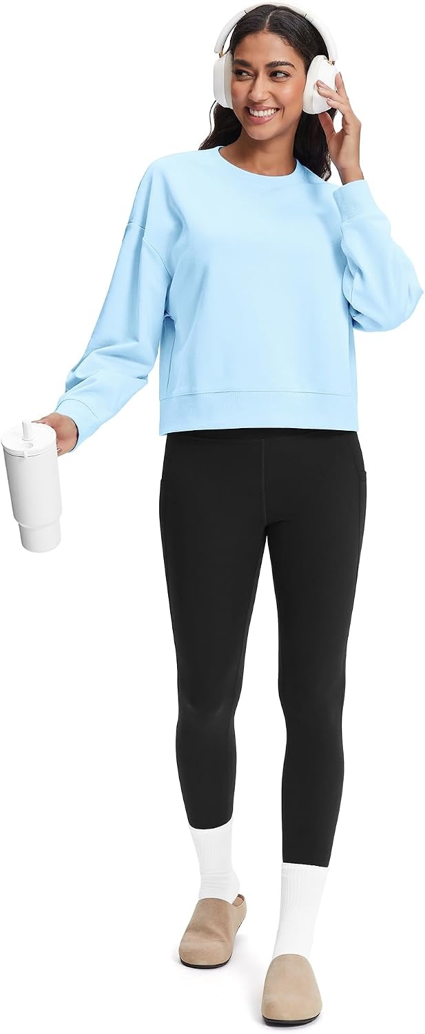 Stelle Cropped Sweatshirts for Women Cotton Long Sleeve Crop Tops Crewneck Pullover Oversized Sweater(Sky Blue)