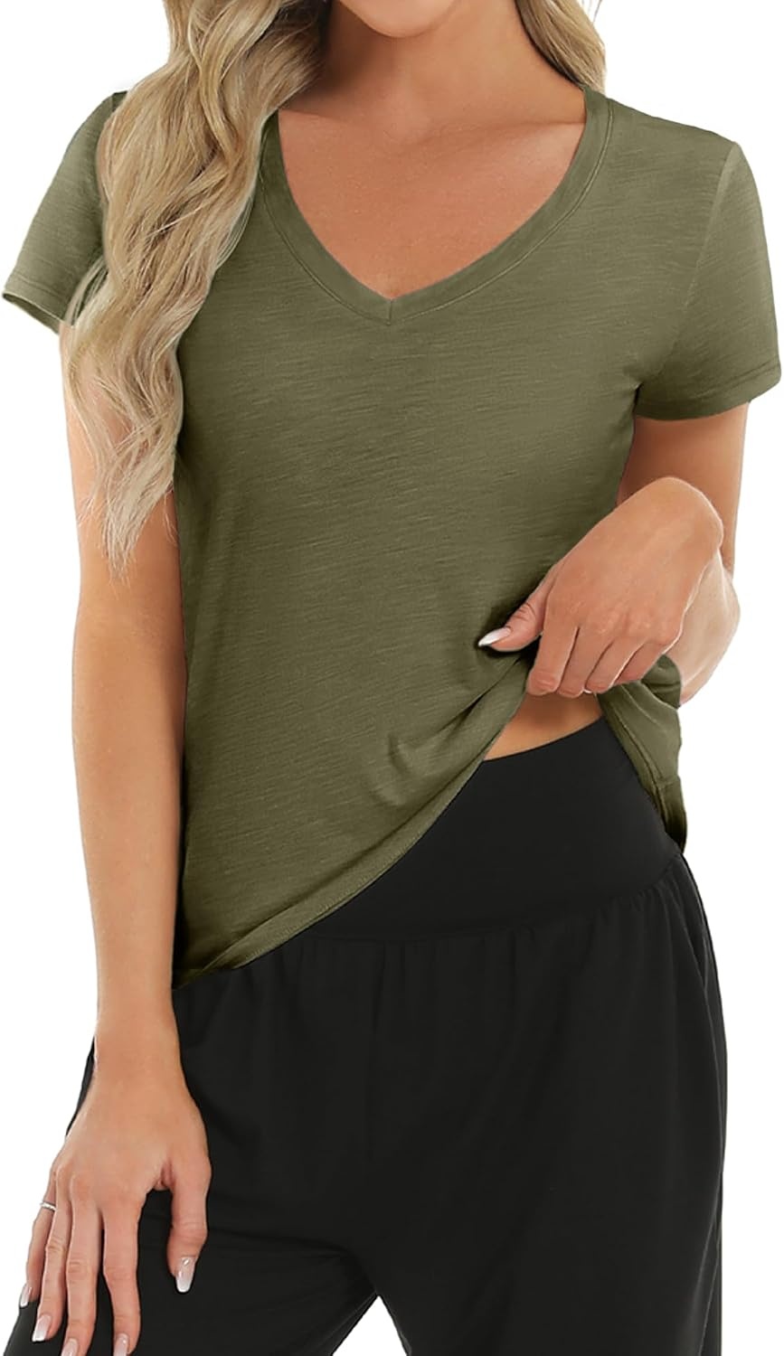 Stelle Womens Modal Soft T Shirts Short Sleeve V Neck Basic Tee(Olive Green)