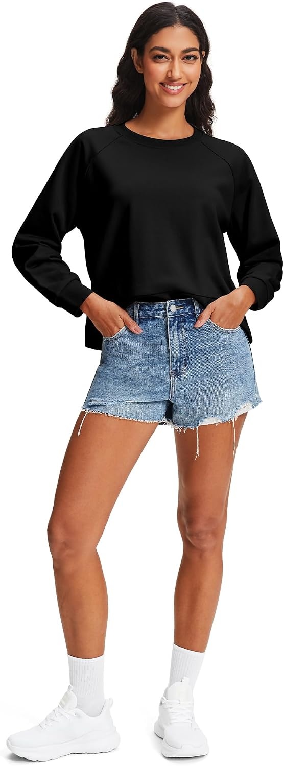 Stelle Women’s Raglan Crewneck Sweatshirt Relaxed Fit Casual Everyday(Black)