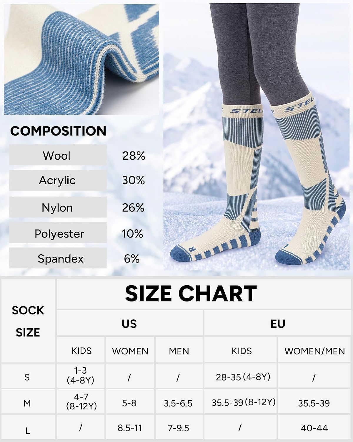Stelle Wool Ski Socks for Kids Men Women, Winter Warm Knee High Socks(Blue)