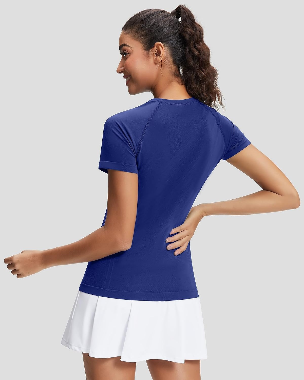 Stelle Womens Workout Tops Short Sleeve Seamless Moisture Wicking Yoga Tees | Meamless Fabric,Quick-Drying,Mesh Ventilation,Slim-Fit Silhouette,Raglan Sleeves,For Running,Tennis And Gym Workout(Navy)