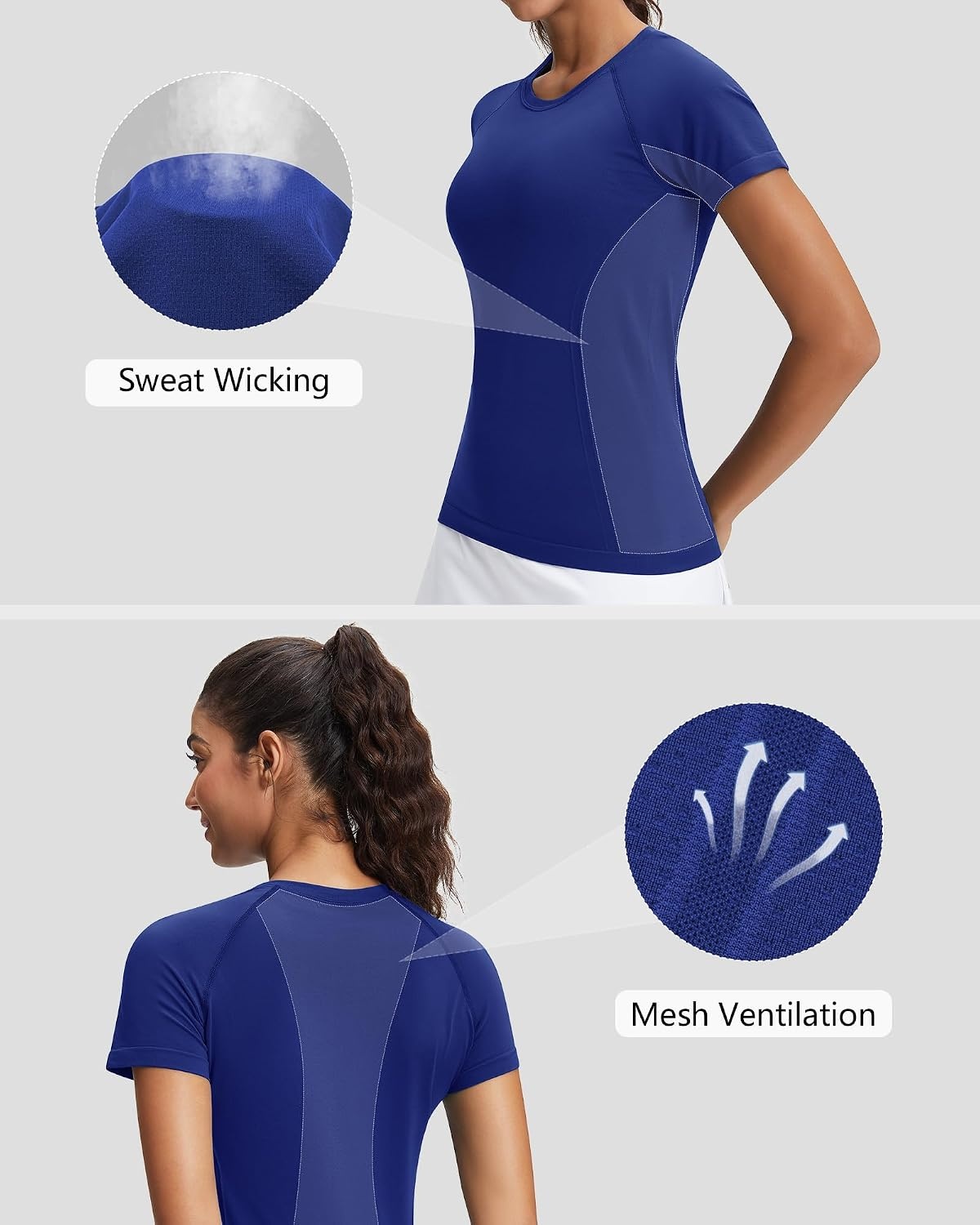 Stelle Womens Workout Tops Short Sleeve Seamless Moisture Wicking Yoga Tees | Meamless Fabric,Quick-Drying,Mesh Ventilation,Slim-Fit Silhouette,Raglan Sleeves,For Running,Tennis And Gym Workout(Navy)