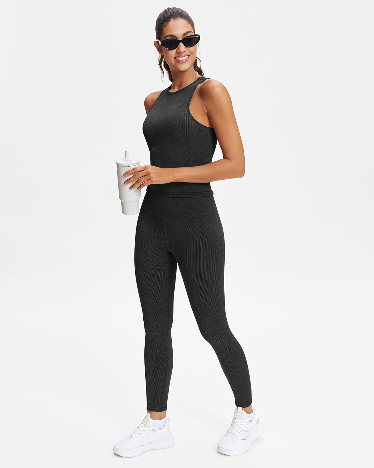 Stelle Workout Ribbed Seamless Leggings for Women High Waist Tummy Control Gym Leggings Athletic Yoga Pants(Black)