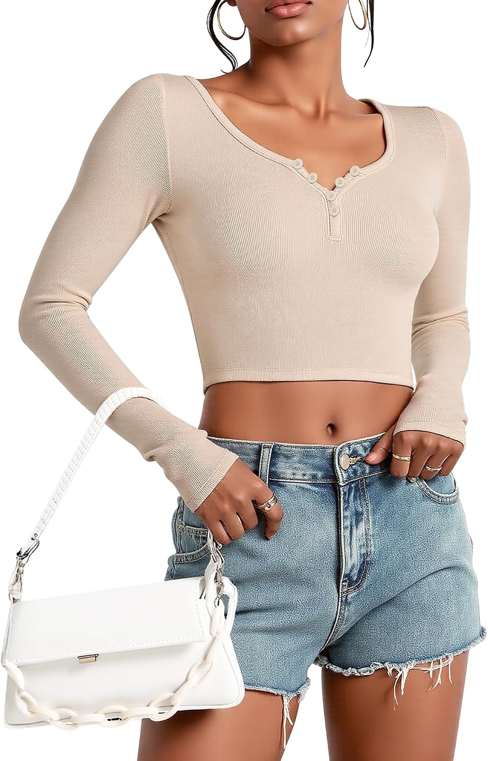 Stelle Women Henley Long Sleeve Crop Tops Ribbed Knit Button Slim Fitted Tops Casual Basic T Shirts(Desert Beige)