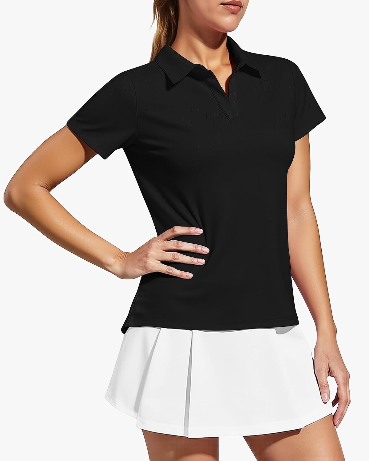Stelle Women’s V Neck Golf Polo Shirts UPF 50+ Short Sleeve Tennis Shirt Collared Workout Tops Quick Dry(Black)
