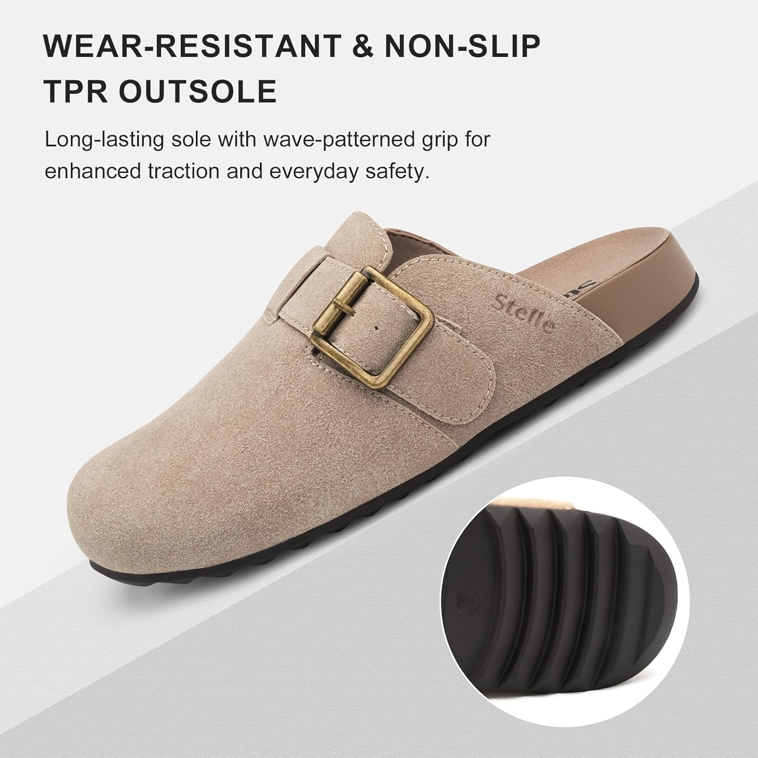 Stelle Suede Clogs for Women Men Potato Shoes with Arch Support Leather Cork Footbed Mules Slip on Home Slippers(Taupe)