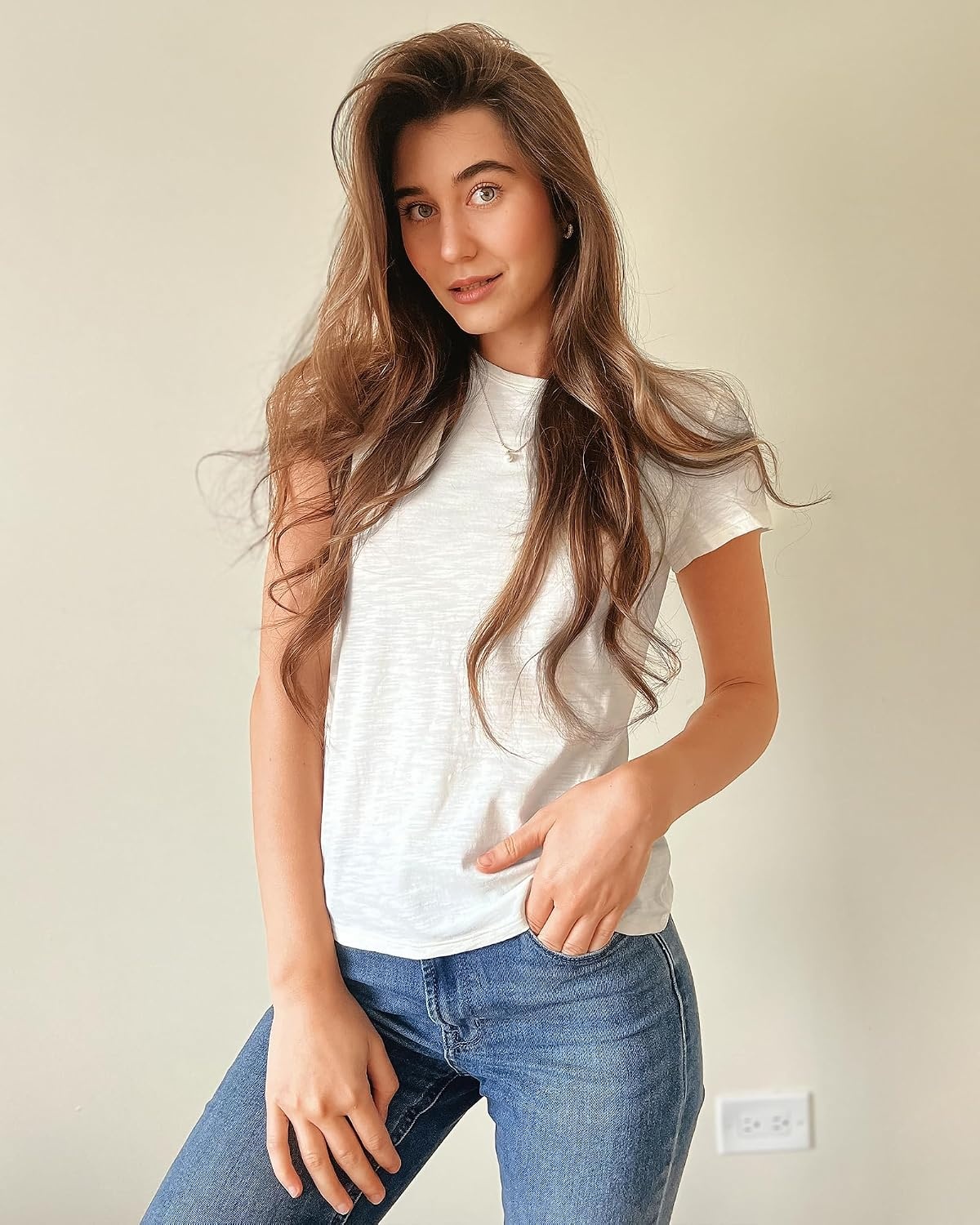 Stelle Womens Modal Soft Crewneck Short Sleeve T Shirts Basic Tees(Creme)