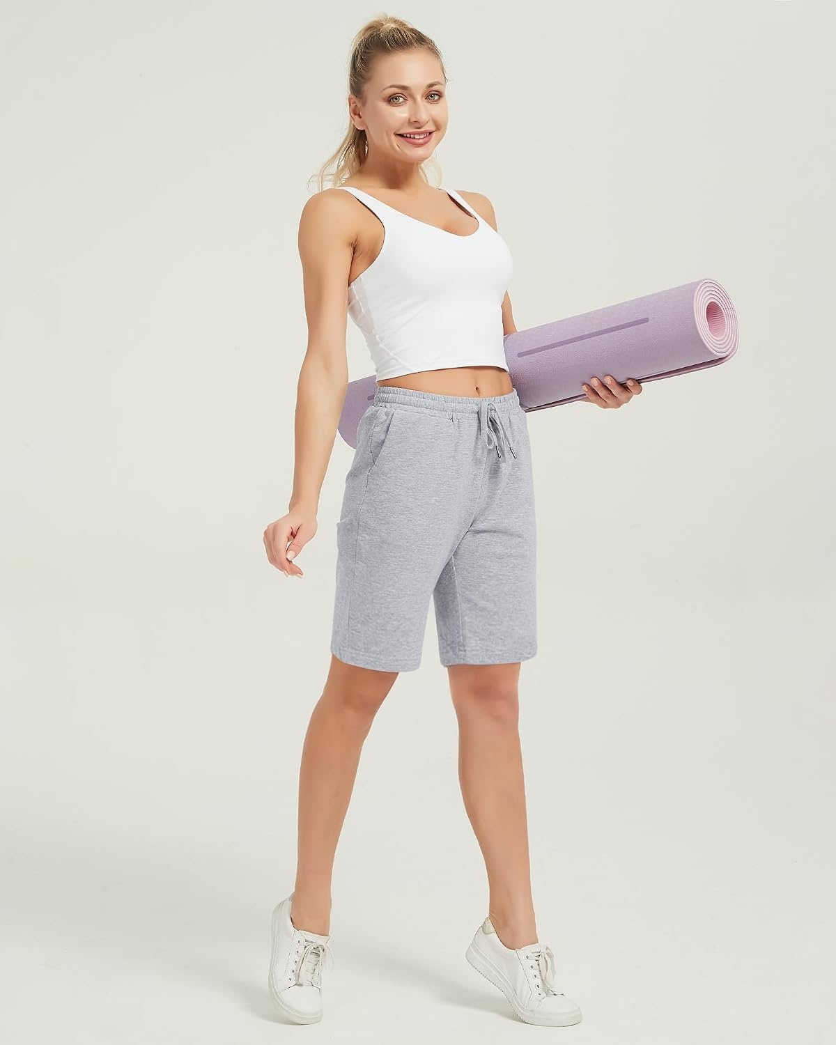 Stelle Women’s 7″/10″ Cotton Bermuda Shorts Knee Length Comfy Lounge Athletic Sweat Shorts with Deep Pockets(10″ (Light)grey)