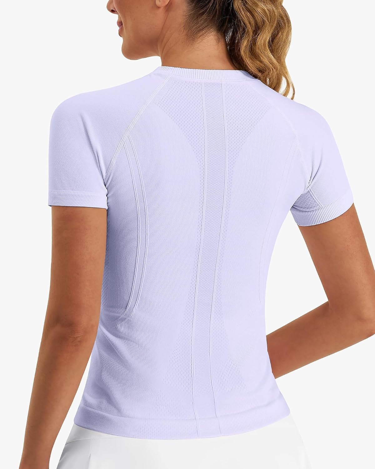 Stelle Women Workout Tops Short Sleeve Seamless Athletic Shirts Yoga Gym Sports Breathable Tees(Short Sleeve-light Purple)