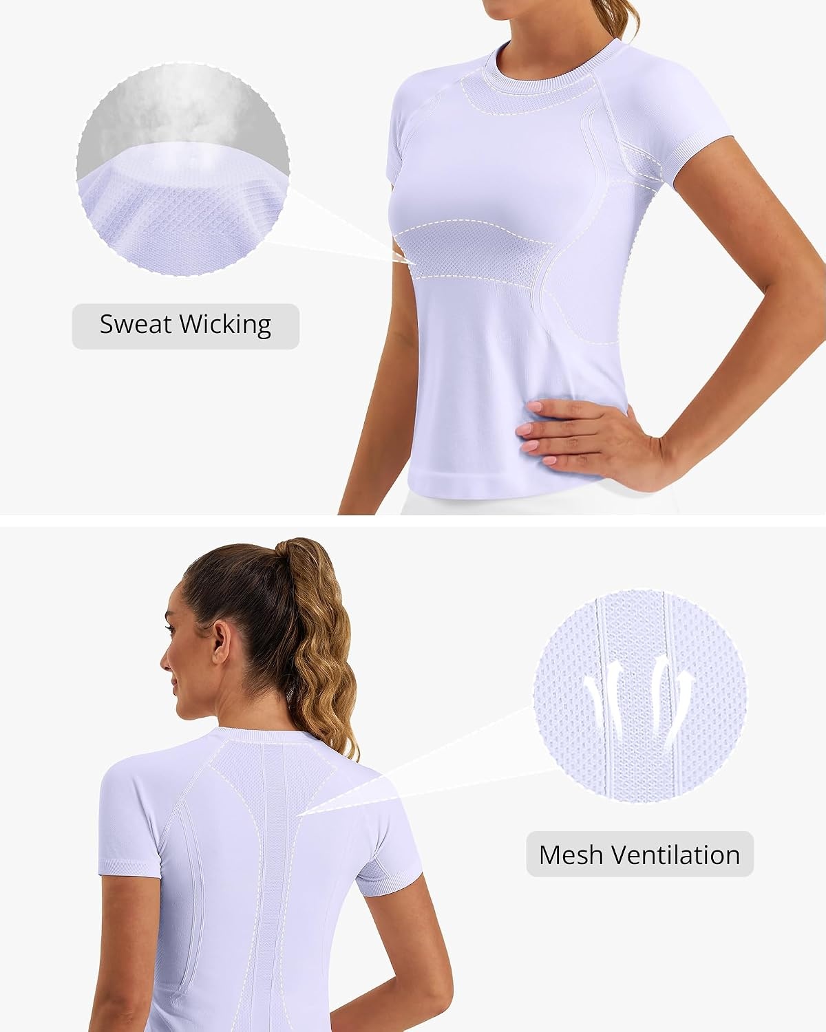 Stelle Women Workout Tops Short Sleeve Seamless Athletic Shirts Yoga Gym Sports Breathable Tees(Short Sleeve-light Purple)