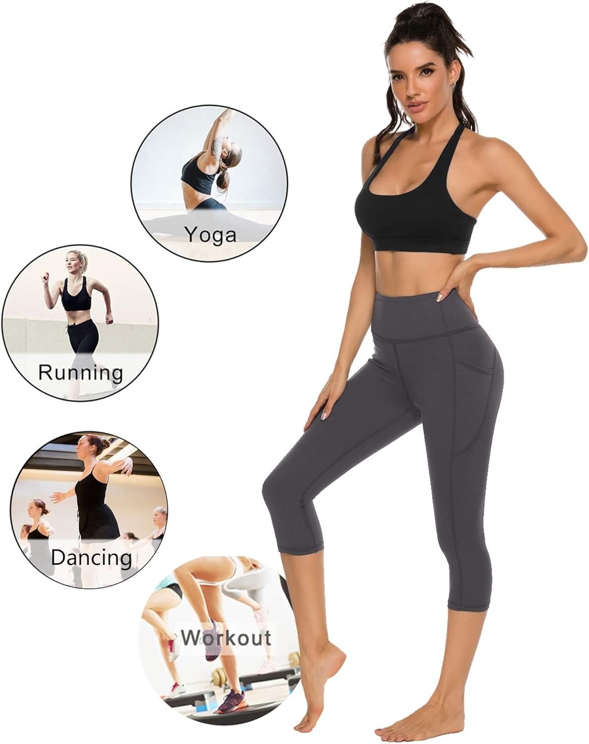 Stelle Capri Leggings for Women Yoga Pants with Pockets High Waisted Legging for Gym Workout(Cotton Like Softness-charcoal)