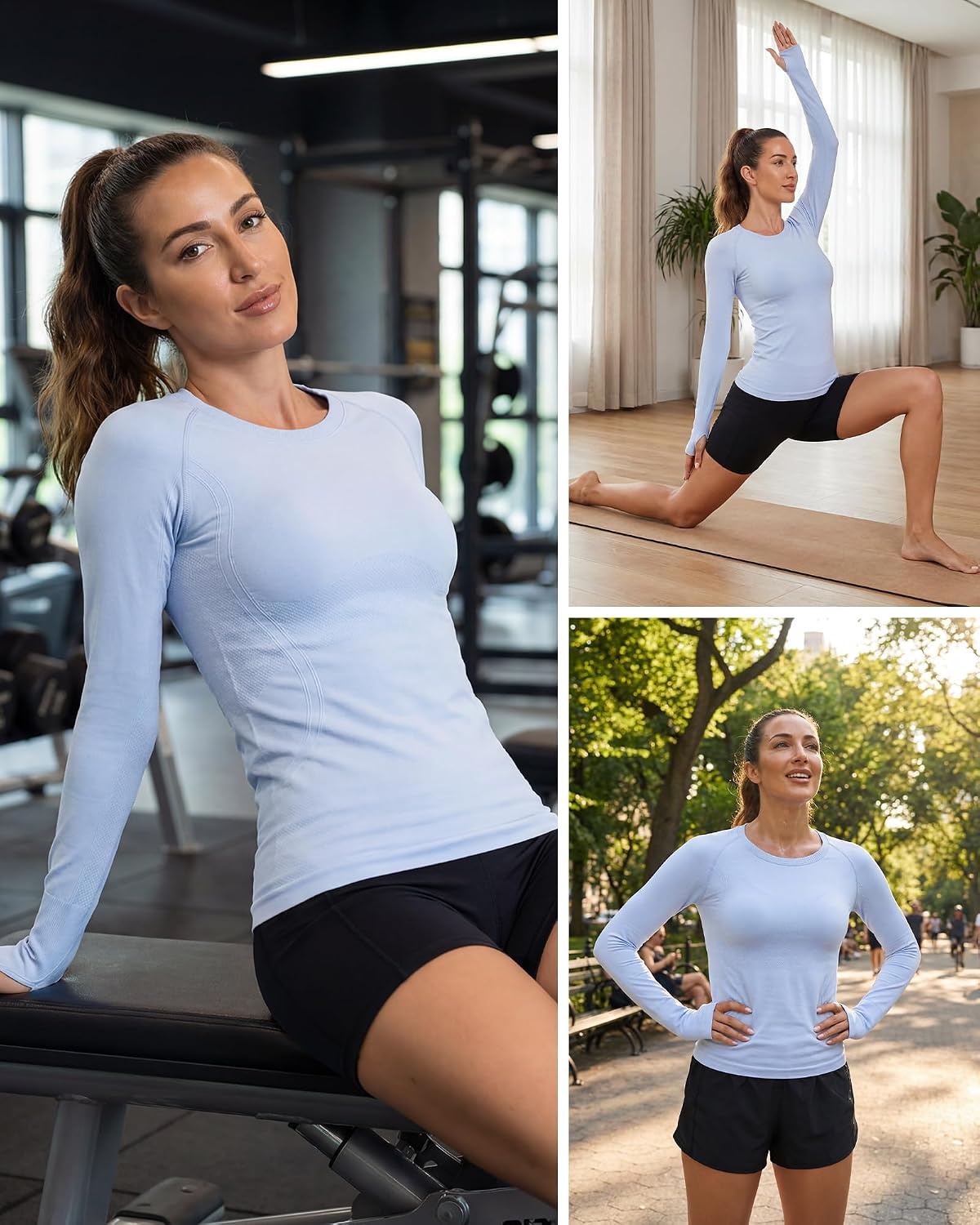 Stelle Womens Seamless Long Sleeve Workout Tops Compression Athletic Shirts(Blue)