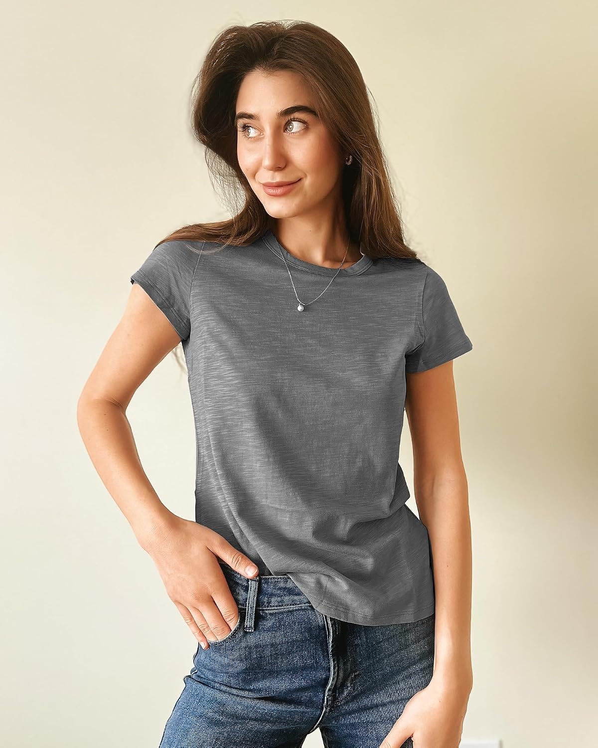 Stelle Womens Modal Soft Crewneck Short Sleeve T Shirts Basic Tees | Breathable,Cotton Blend,Loose Fit,Lightweight,Casual,Layering essential,Streetwear,Summer Outfits(Dark Grey)