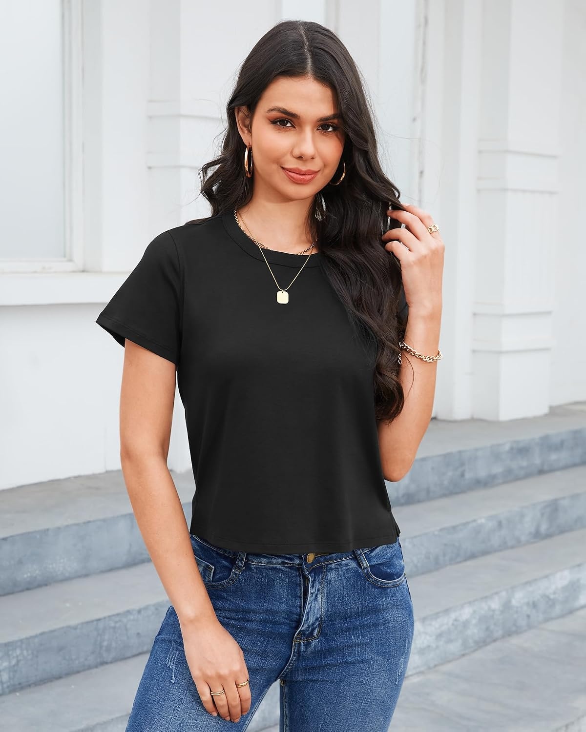 Stelle Women’s Cotton T-Shirts Crewneck Short Sleeve Basic Tees Summer Casual Solid Crop Tops(Black)