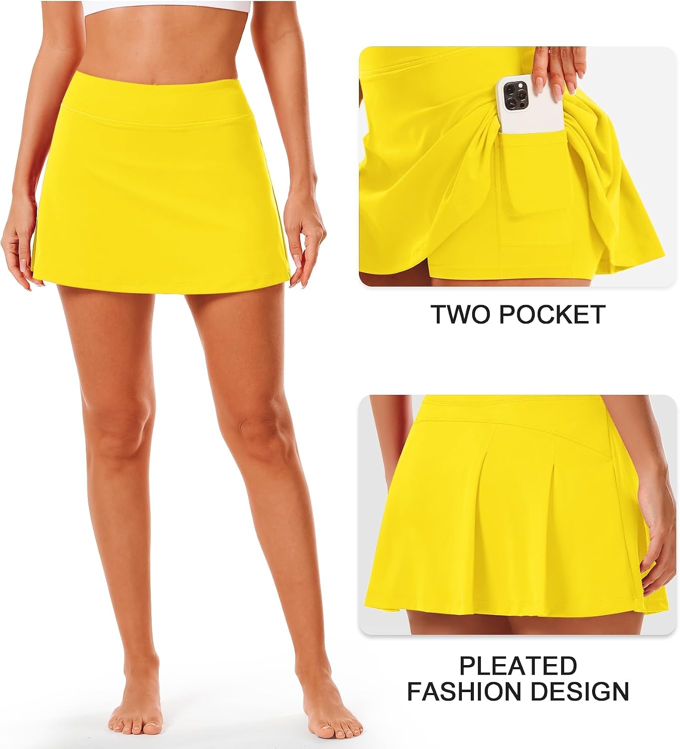 Stelle Women Tennis Skirt Golf Skorts Athletic High Waisted with Pockets Inner Shorts Sport Workout Pleated Pickleball(Yellow)