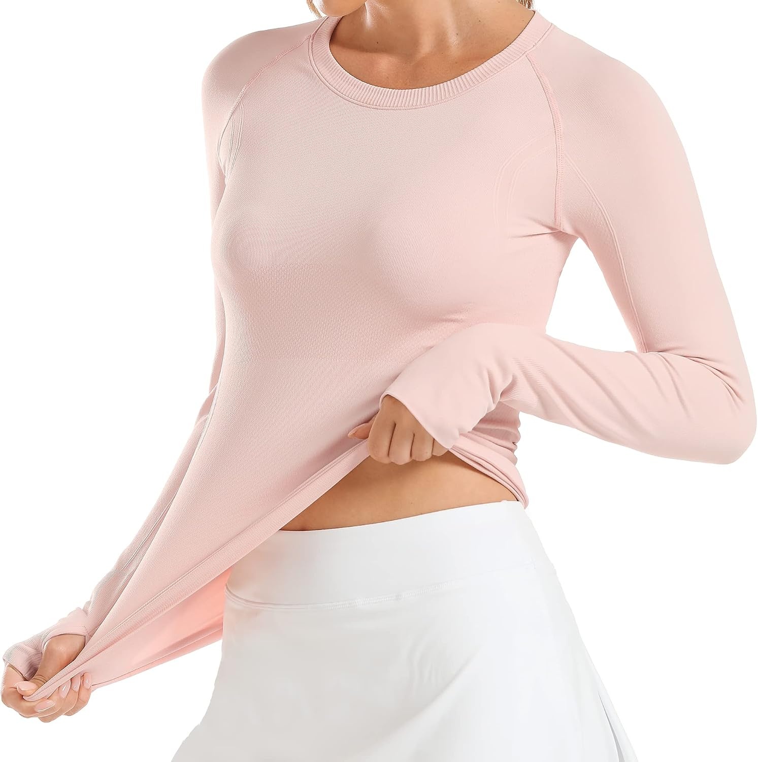 Stelle Women Workout Tops Long Sleeve Seamless Compression Athletic Shirts Yoga Gym Sports Breathable Tees(Ballet Pink)
