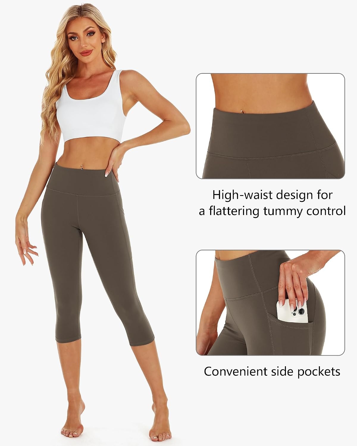 Stelle Capri Leggings for Women Yoga Pants with Pockets High Waisted Legging for Gym Workout(Tea Brown)