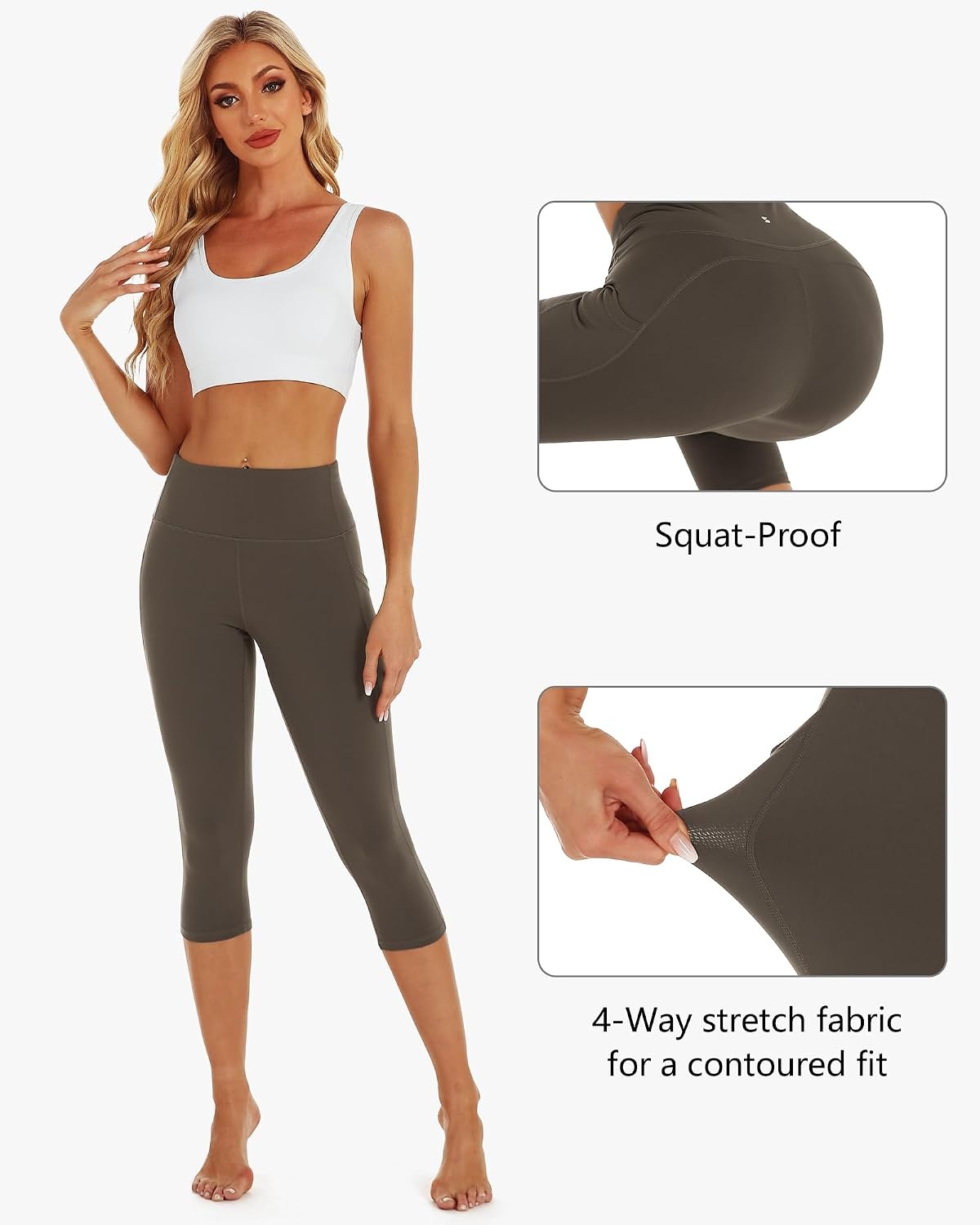 Stelle Capri Leggings for Women Yoga Pants with Pockets High Waisted Legging for Gym Workout(Tea Brown)