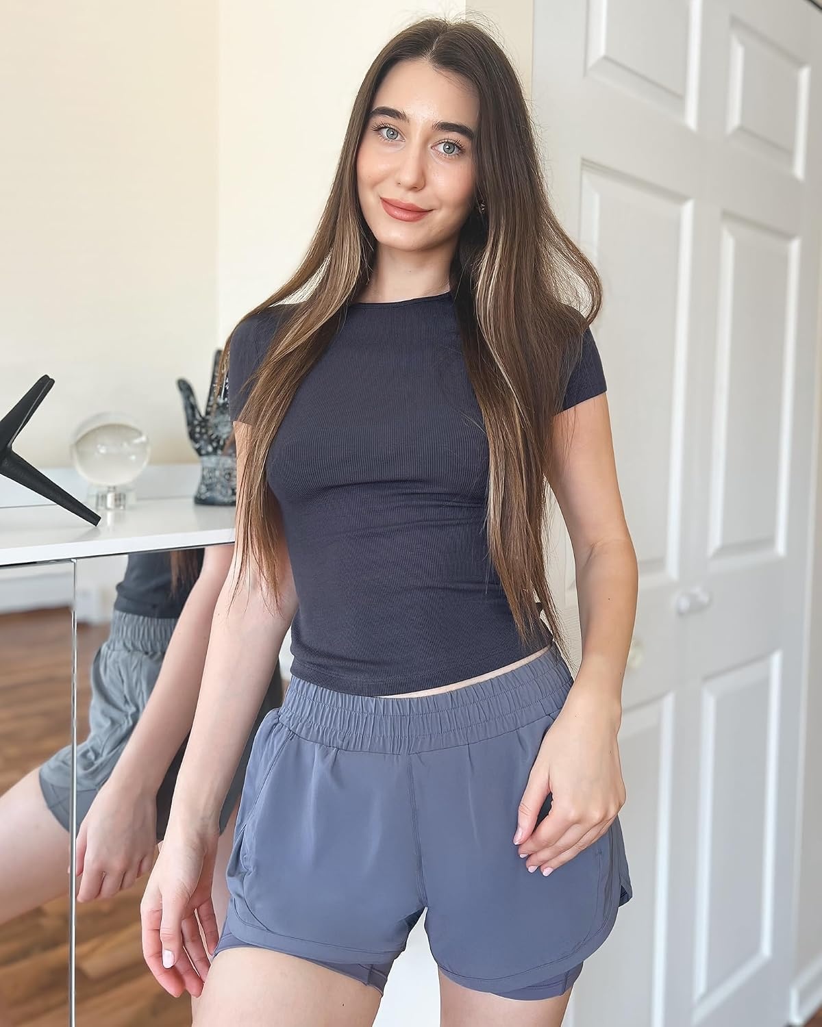 Stelle Ribbed Tops for Women Short Sleeve Tshirt Slim Fit Basic Tee Casual Blouse(Charcoal)