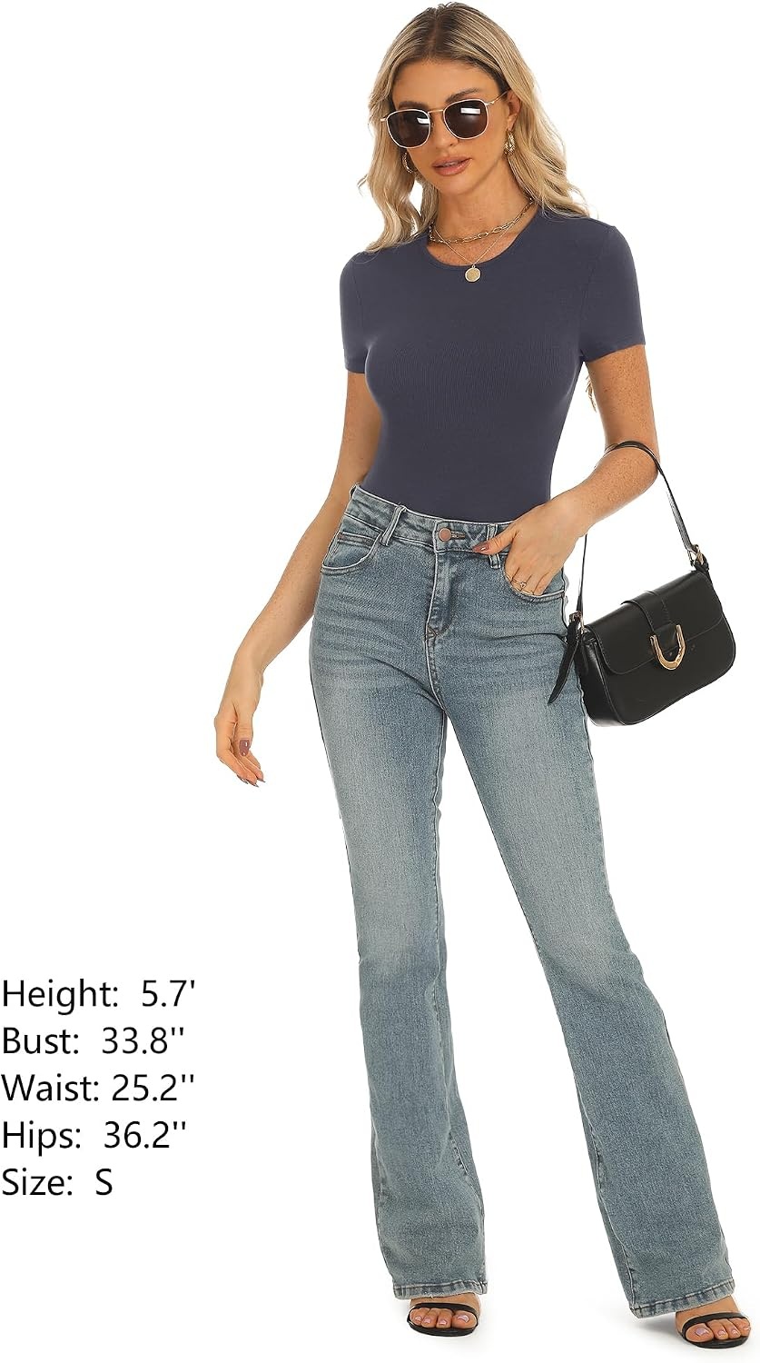 Stelle Ribbed Tops for Women Short Sleeve Tshirt Slim Fit Basic Tee Casual Blouse(Charcoal)