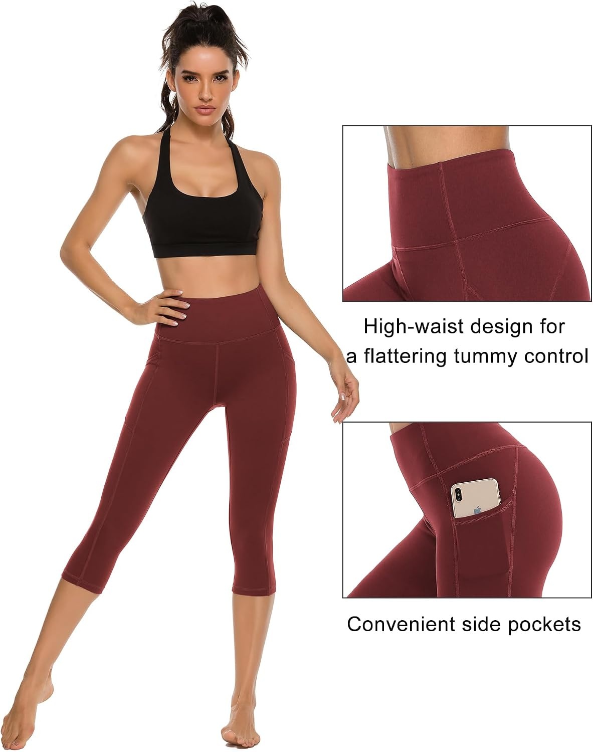 Stelle Women’s Capri Yoga Pants with Pockets Essential High Waisted Leggings for Workout(Burgundy)