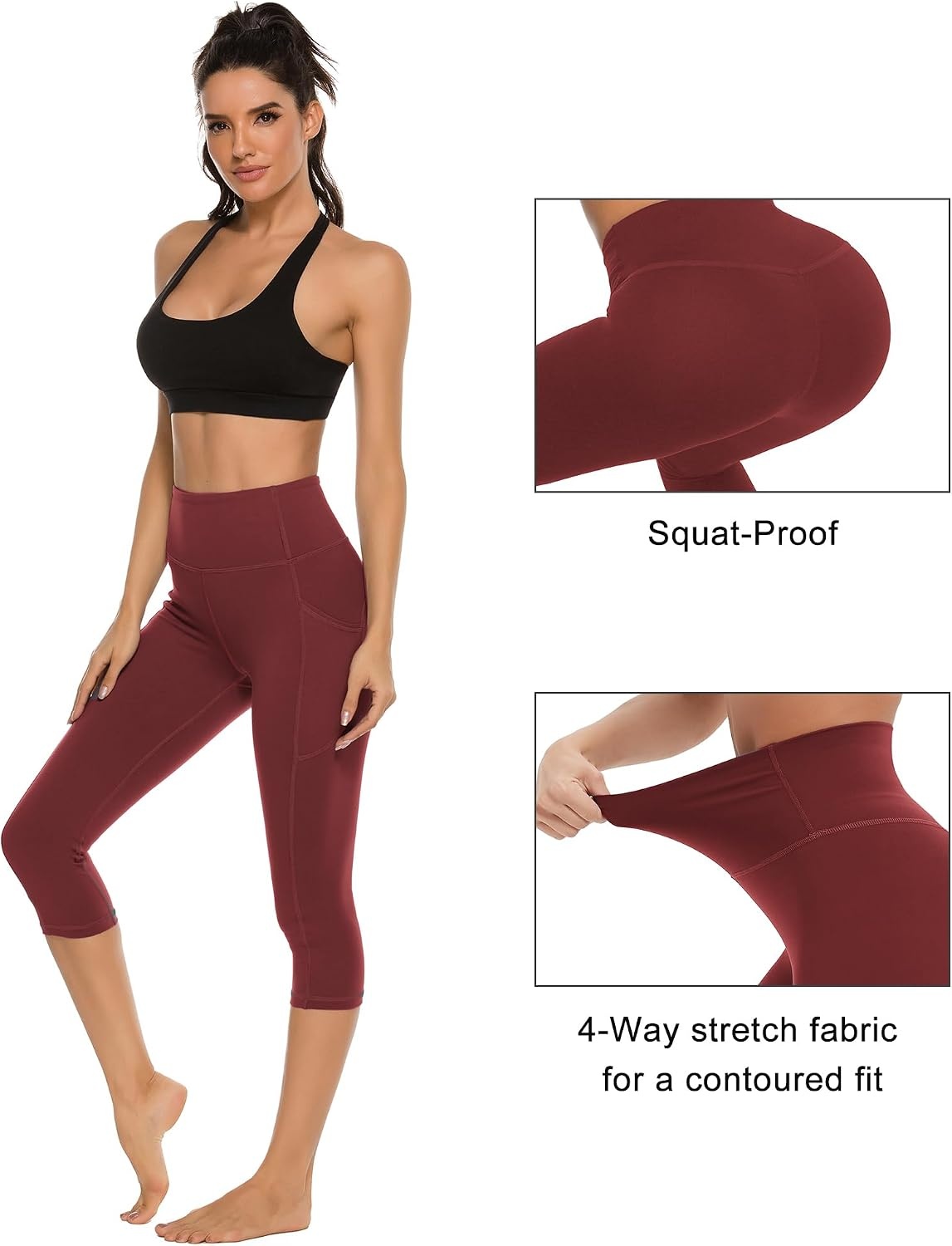 Stelle Women’s Capri Yoga Pants with Pockets Essential High Waisted Leggings for Workout(Burgundy)