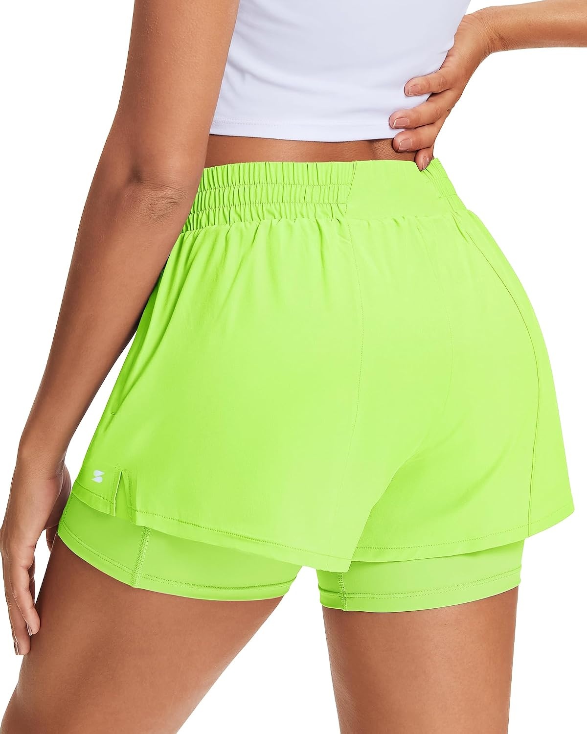 Stelle Women’s 2 in 1 Running Shorts Gym Athletic Shorts with Zip Pockets | High Waisted, 2 in 1 Athletic Shorts, Supportive Liner, Built-In Pockets, Running, Workout, Gym Training(Neon Yellow)