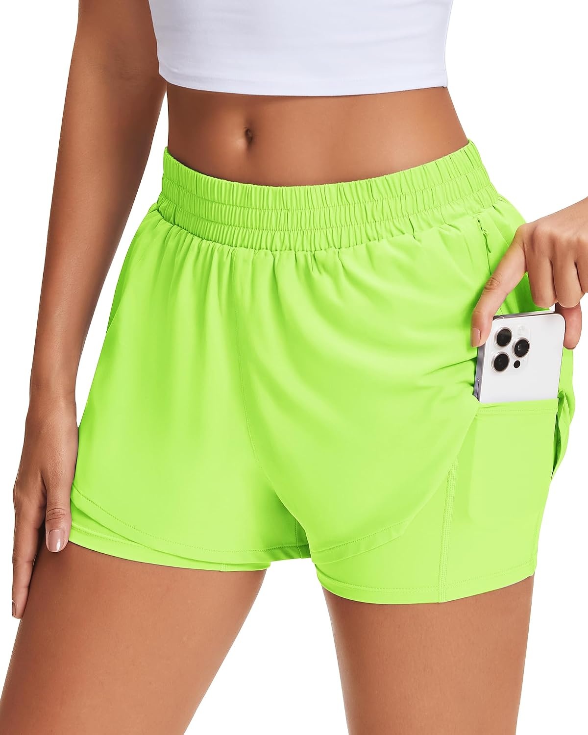 Stelle Women’s 2 in 1 Running Shorts Gym Athletic Shorts with Zip Pockets | High Waisted, 2 in 1 Athletic Shorts, Supportive Liner, Built-In Pockets, Running, Workout, Gym Training(Neon Yellow)