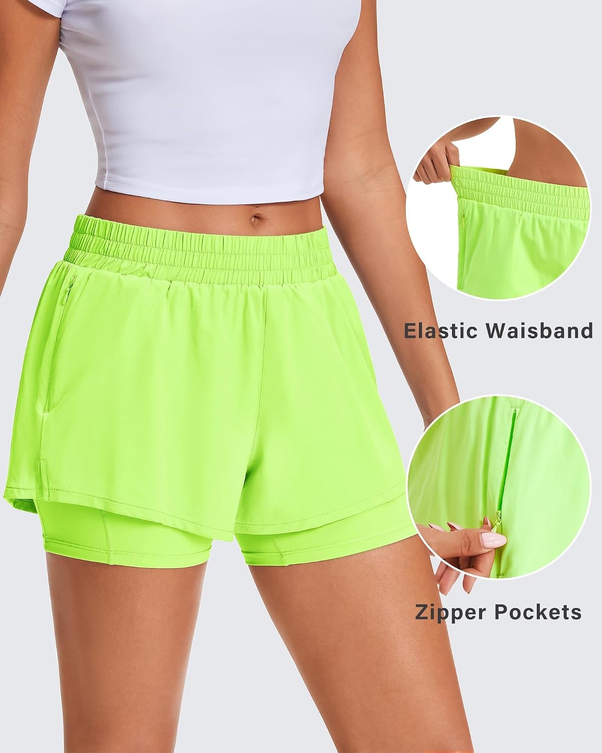 Stelle Women’s 2 in 1 Running Shorts Gym Athletic Shorts with Zip Pockets | High Waisted, 2 in 1 Athletic Shorts, Supportive Liner, Built-In Pockets, Running, Workout, Gym Training(Neon Yellow)