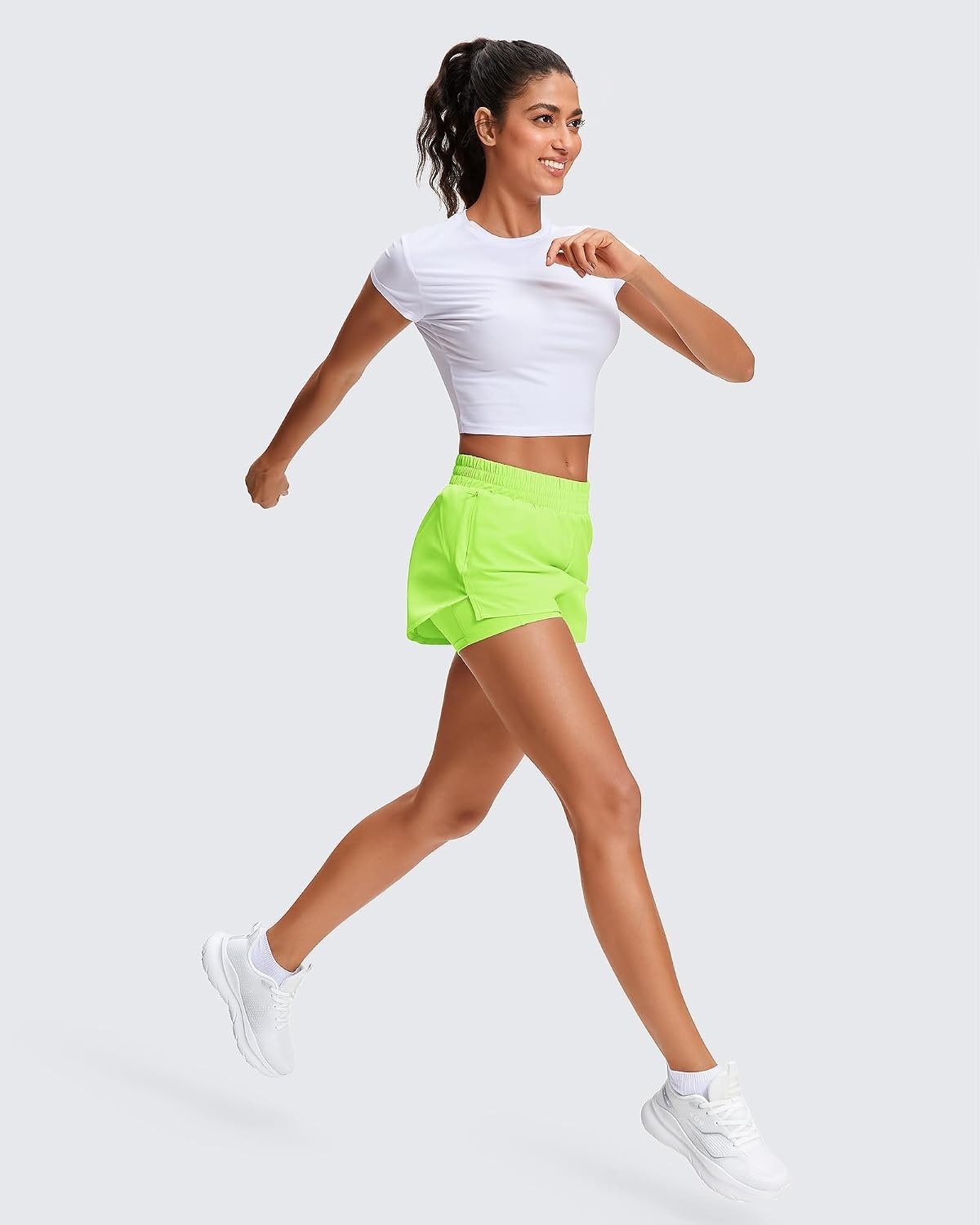 Stelle Women’s 2 in 1 Running Shorts Gym Athletic Shorts with Zip Pockets | High Waisted, 2 in 1 Athletic Shorts, Supportive Liner, Built-In Pockets, Running, Workout, Gym Training(Neon Yellow)