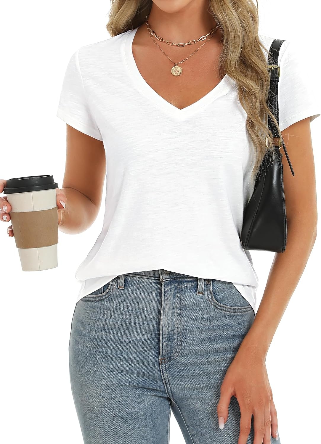 Stelle Womens Modal Soft T Shirts Short Sleeve V Neck Basic Tee(White)