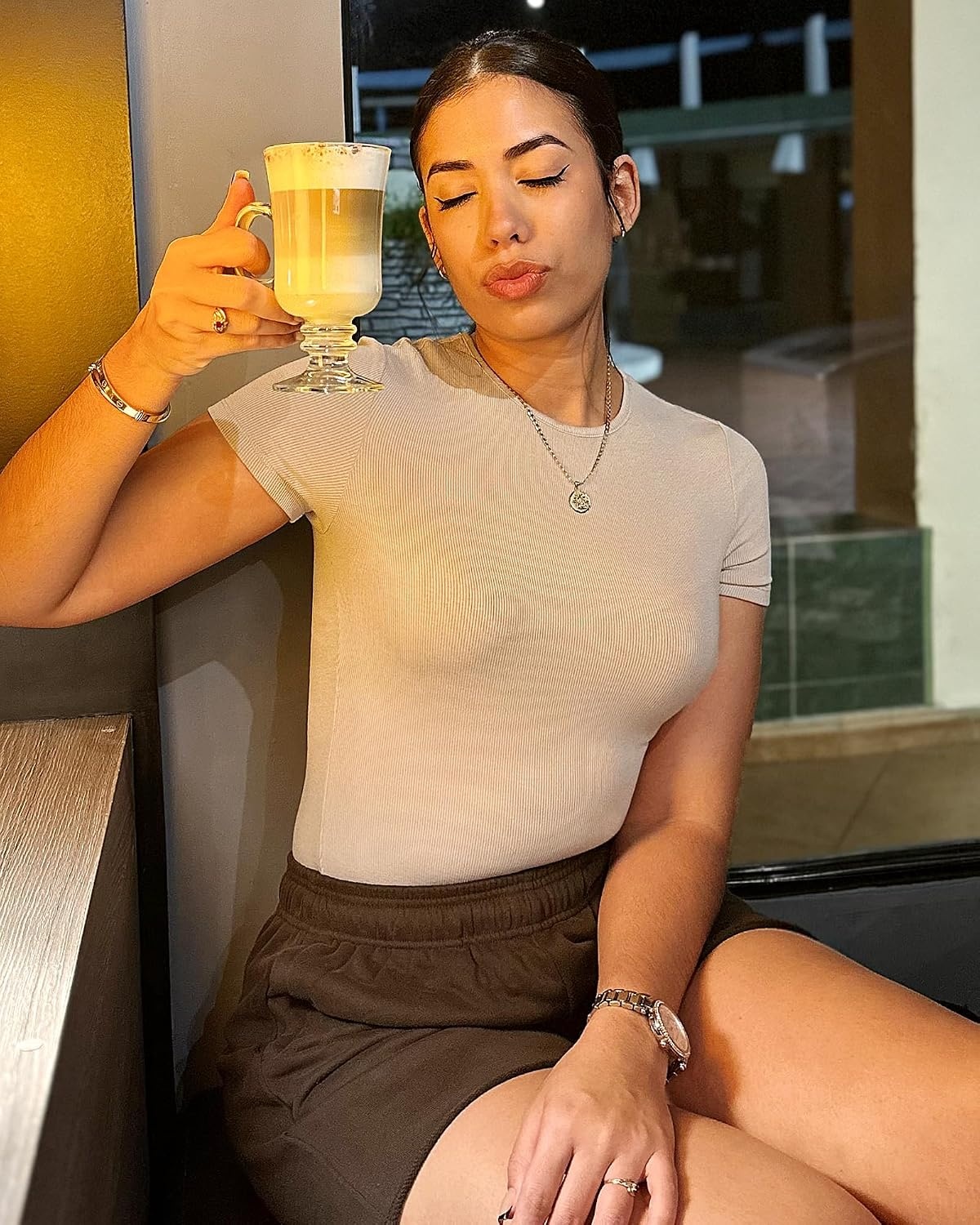 Stelle Ribbed Tops for Women Short Sleeve Tshirt Slim Fit Basic Tee Casual Blouse(Desert Beige)