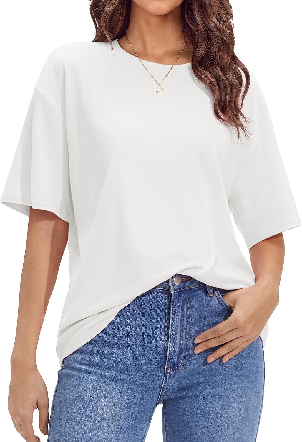 Stelle Womens Oversized Tee Shirts Loose Fit Buttery Soft Tshirt Casual Top(White)