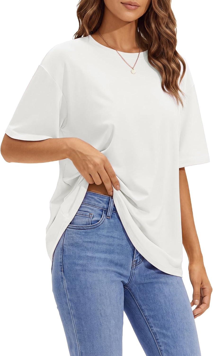 Stelle Womens Oversized Tee Shirts Loose Fit Buttery Soft Tshirt Casual Top(White)
