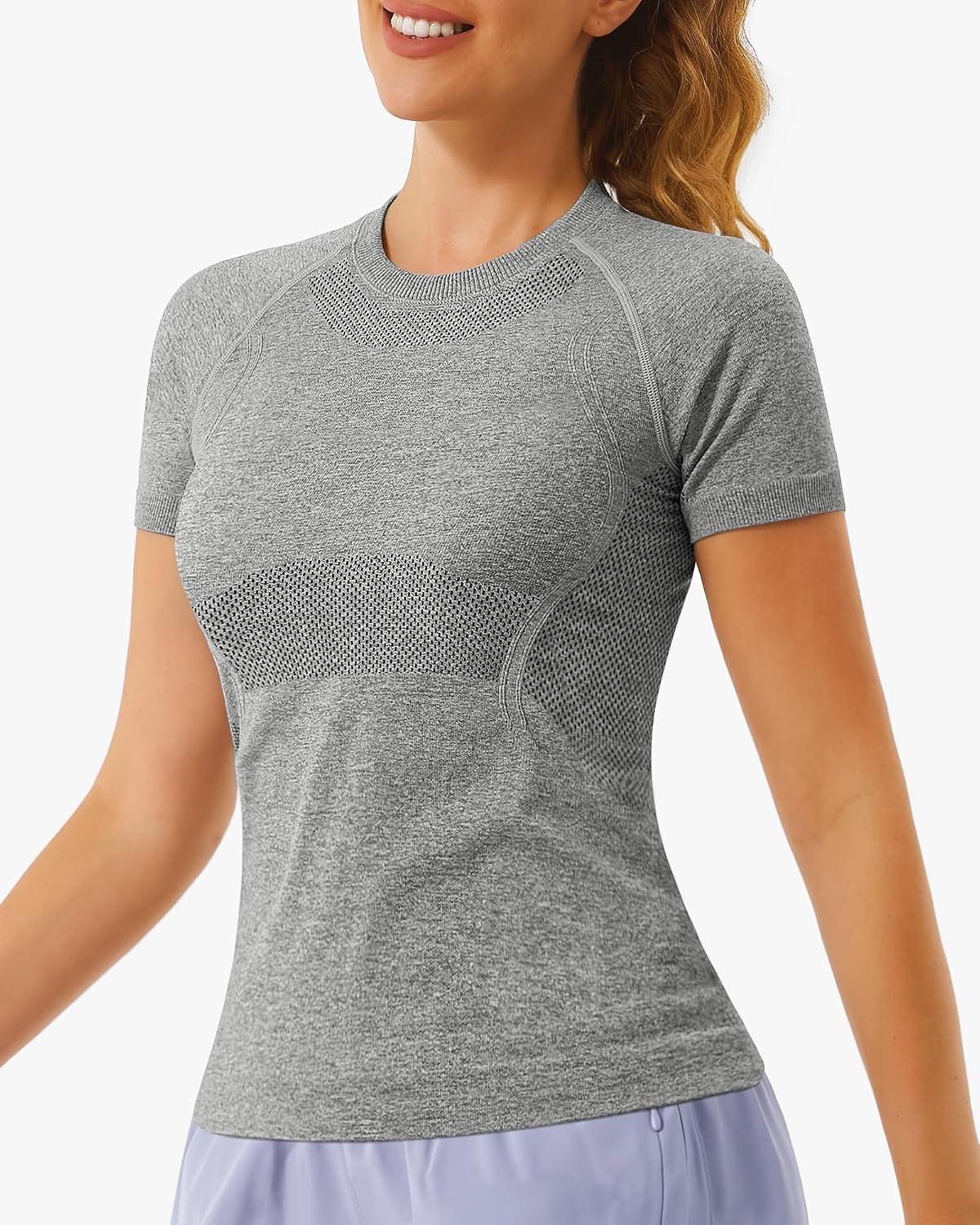 Stelle Women Workout Tops Short Sleeve Seamless Athletic Shirts Yoga Gym Sports Breathable Tees(Short Sleeve-grey)